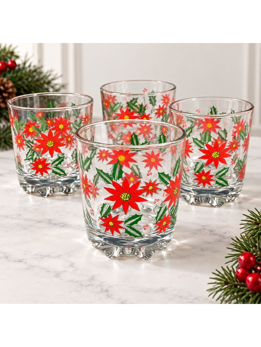 Set of 4 Christmas Poinsettia Rocks Glasses Old Fashioned Tumblers Barware 1990s